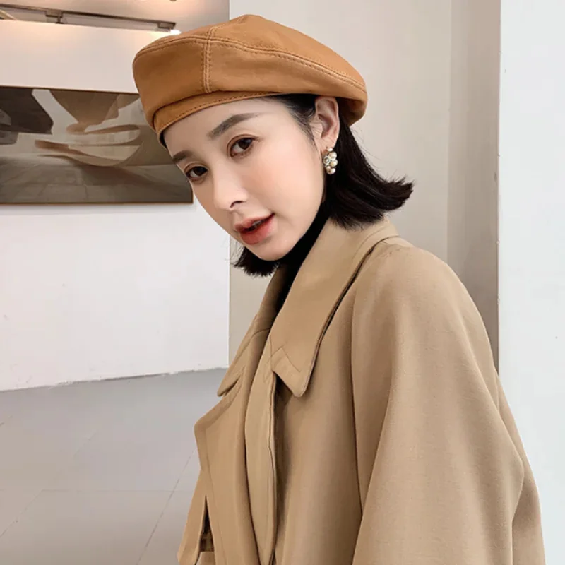 Women Beret Vintage Womens s Genuine Leather Sheepskin Solid Red Blue White Black Autumn Winter Hat