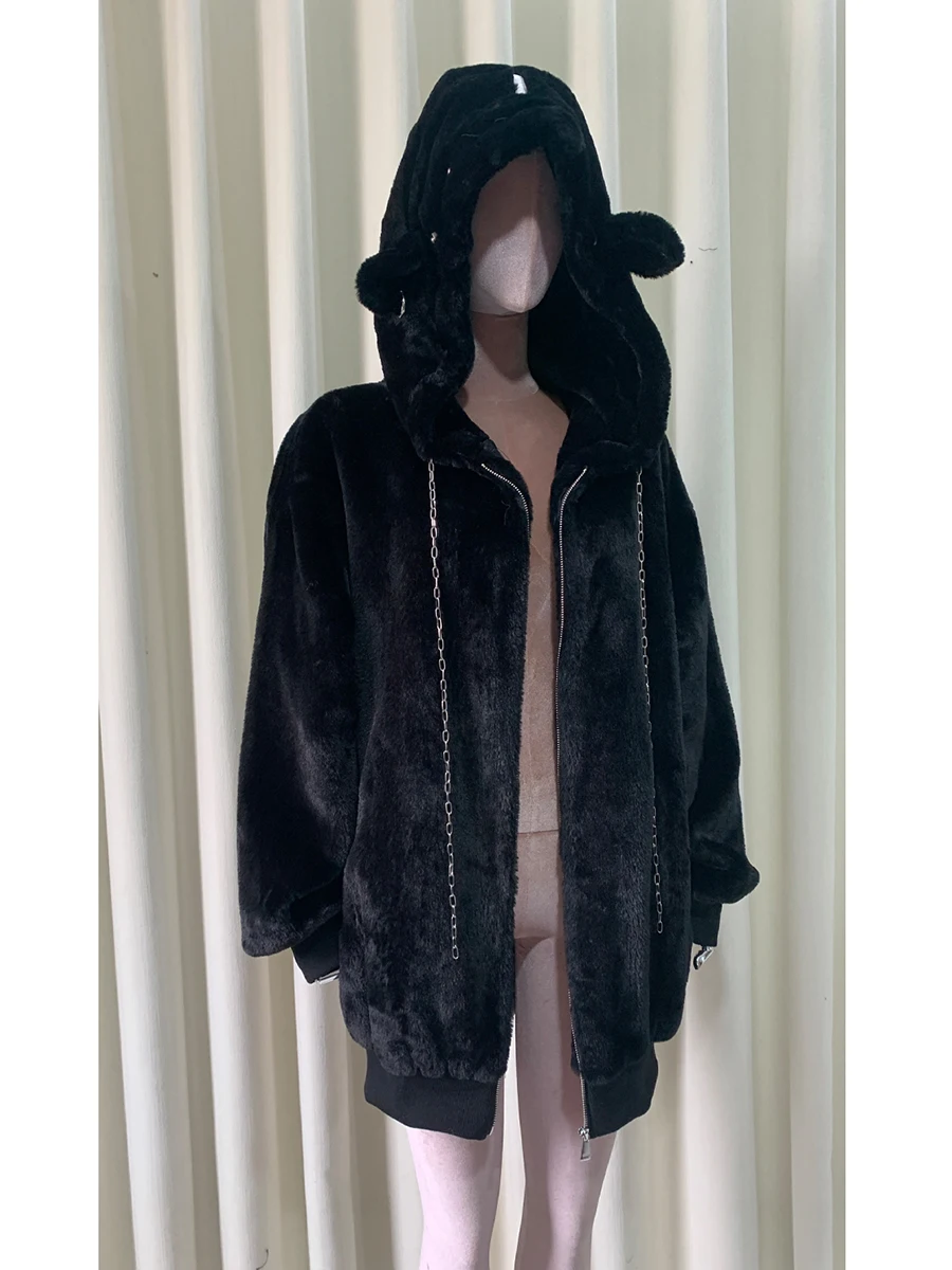Autumn Winter Warm Thick Soft Faux Fur Hoodie Women with Bear Ears Loose White Punk Style Fluffy Jacket Hoodie Streetwear 2025