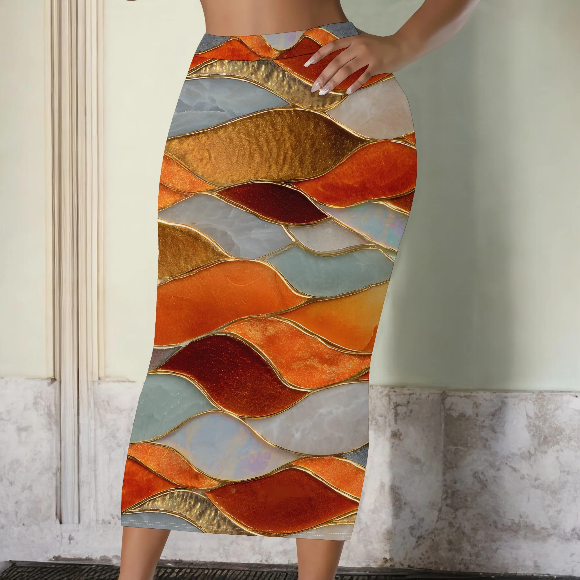 Abstract Waves Print Skirt, High Waist Pencil Skirt, Bodycon Midi Skirt for Women, Casual Office Wear, S-2XL