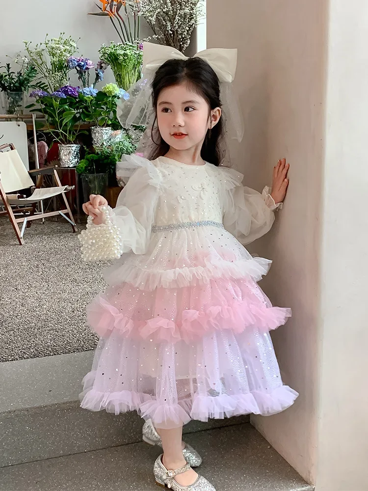 

Girls Spring and Autumn New High-End Gradient Puffy Mesh Sequin Princess Dress