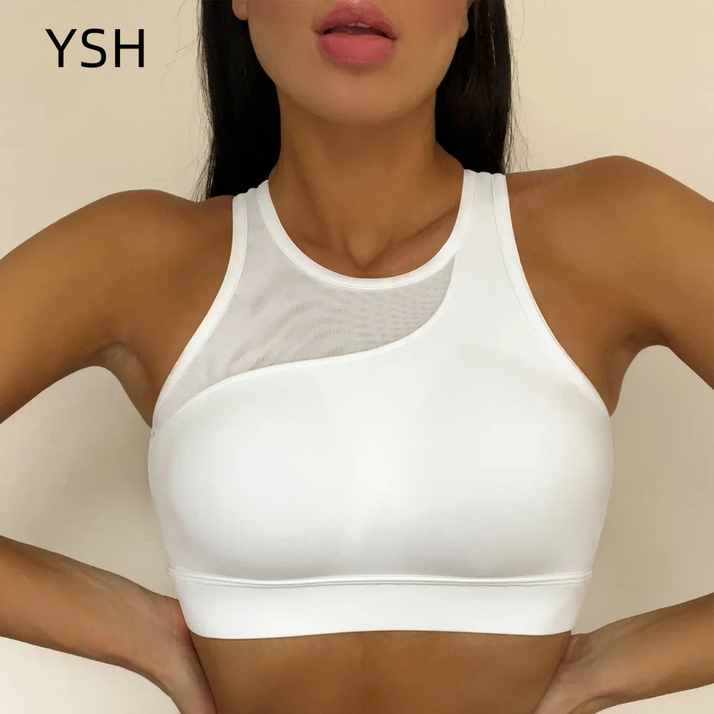 YUSHUHUA Sexy Mesh Stitching Women Yoga Bra Running Sportswear Vest-style Sports Bra Gym Fitness Shockproof Gather Training Bra