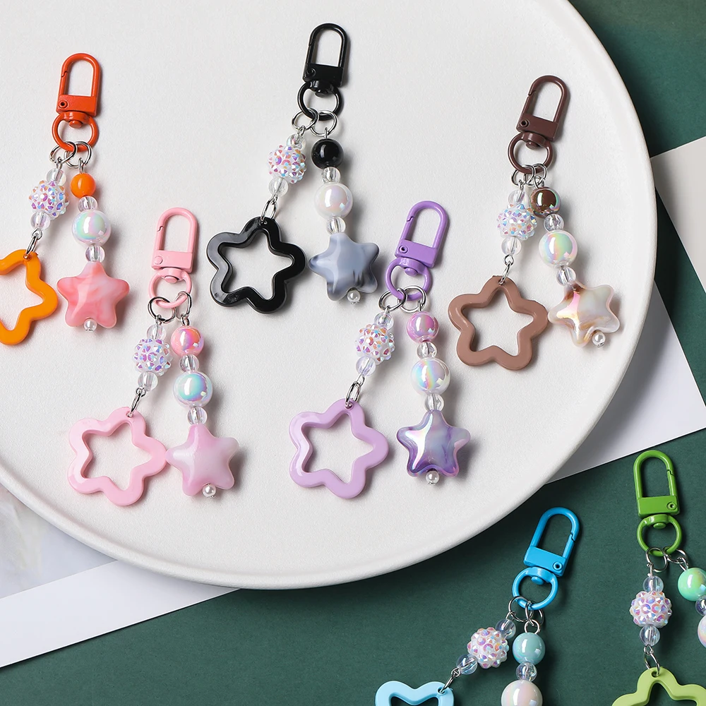 1 Stück Acryl-Schlüsselanhänger in Sternform, farbig, hohl, mit Perlenanhängern für modische Geschenke, Taschen, Handys, Accessoires