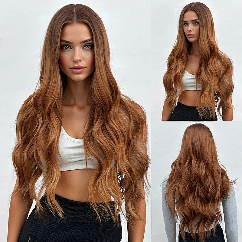 

30 inch medium amber long curly layered hair wig synthetic hair replacement wig suitable for daily use