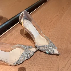 Sandálias de PVC transparente com strass para mulheres, fivela traseira enrolada, sapatos de banquete de salto alto, nova moda, verão 2024