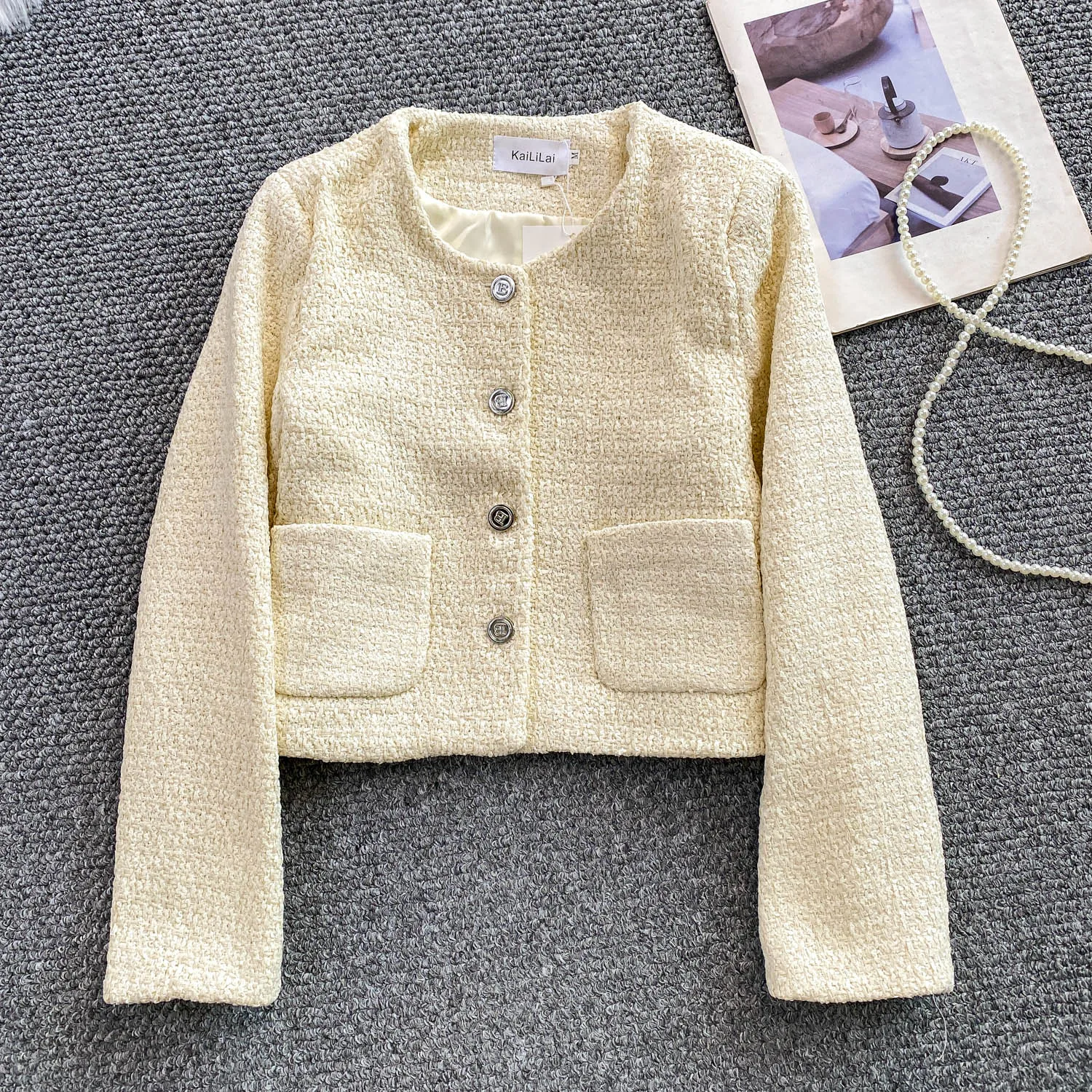 

Women's New Retro Coarse Woolen Round Neck Single Breasted Slim Short Jacket