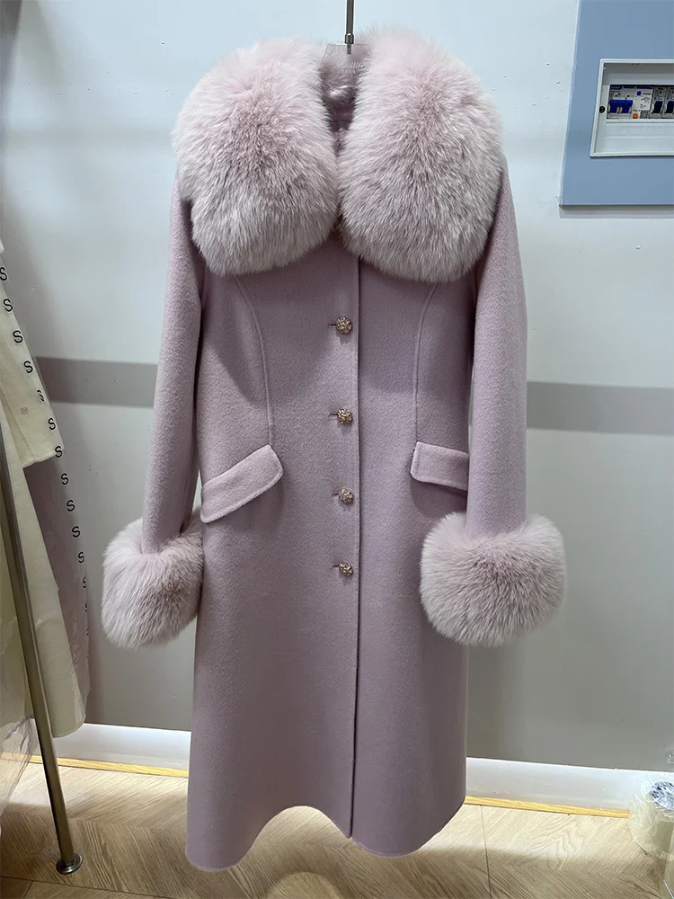 

2025 Women Ladies Natural Real Fox Fur Collar Cuffs Coat Cashmere Wool Woolen Outerwear Long Winter Jacket