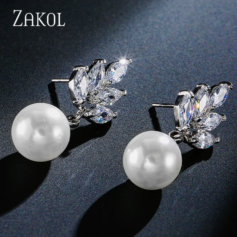 ZAKOL Elegant Leaf Cubic Zirconia Dangle Earrings for Women Luxury Imitation Pearl Bridal Wedding Party Jewelry