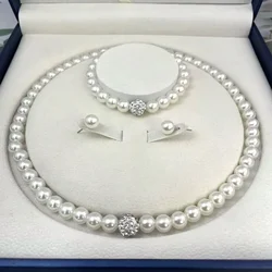 3 PCS set Imitation Pearl Fireball Necklace Bracelet Earring Stud Jewelry Set Silver Color Crystal Stone Elegant Bridal Jewelry