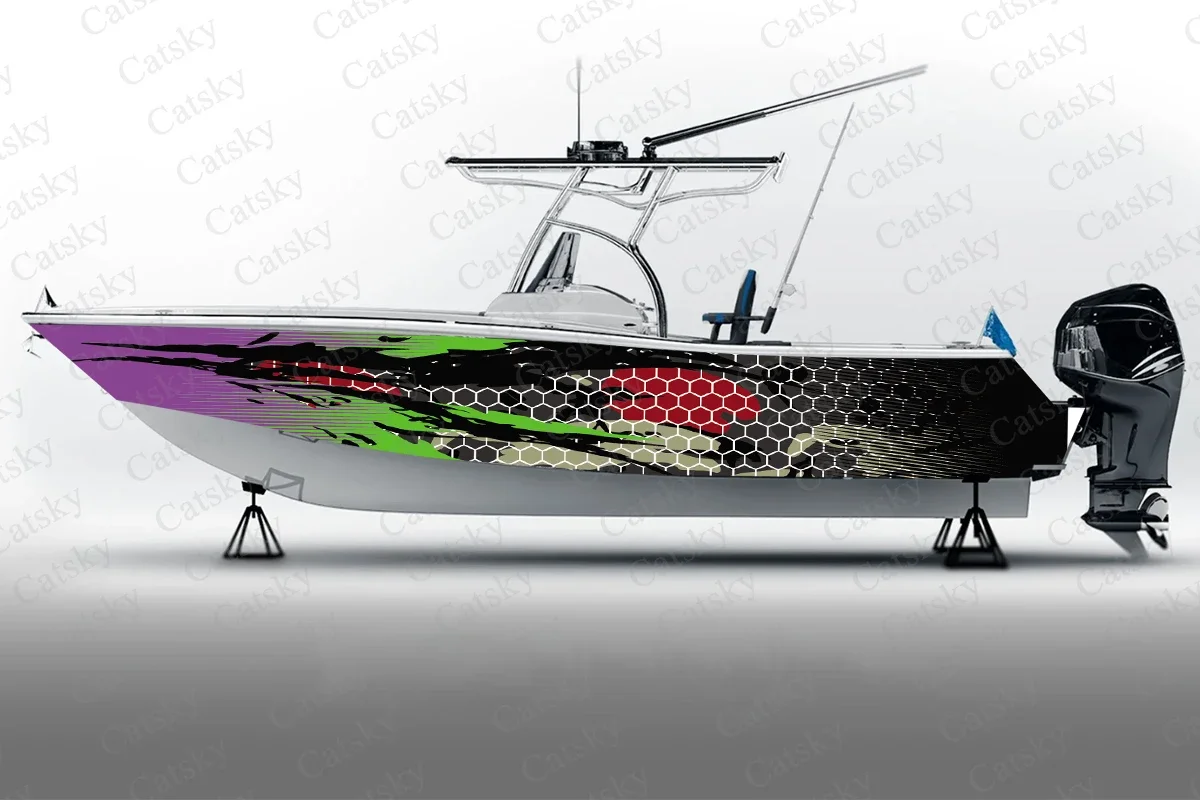 camouflage hexagonal honeycomb Boat Sticker, PVC Waterproof Vinyl Wrap Decals for Fishing Boats, Durable and Stylish Design