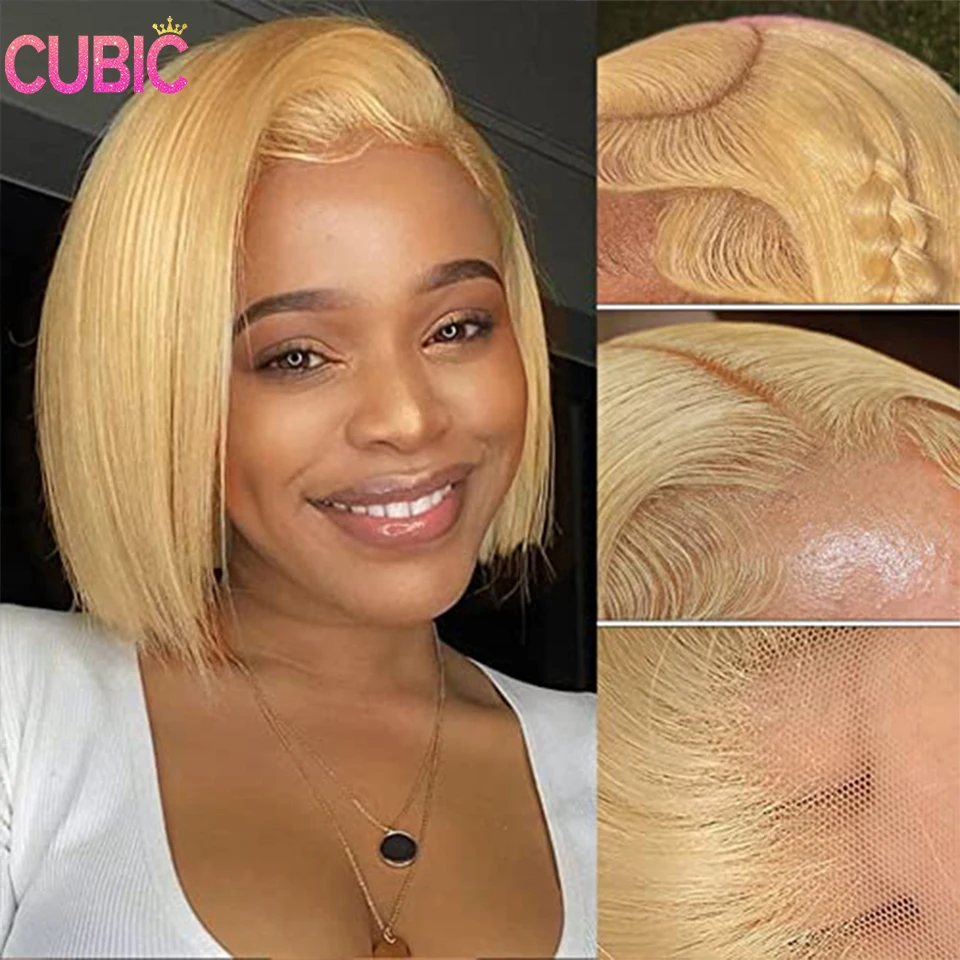 Perruque Bob Lace Front Wig naturelle, cheveux courts, blond, 13x4, HD, pre-plucked, avec baby hair, densité 180%, pour femmes