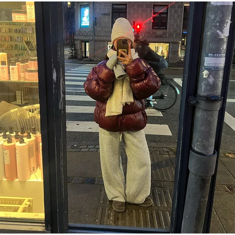 

2025 Winter Lady Hip Pop Cotton Coat Street Women's Puffy Quilted Coats Loose Stand Collar Zipper Long Sleeve Warm Jacket