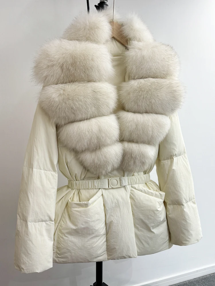 Lagabogy 2025 Large Real Fox Fur Winter Belt Waist-Tight Elegant Warm 90% White Duck Down Jacket Female V-neck Loose Puffer Coat