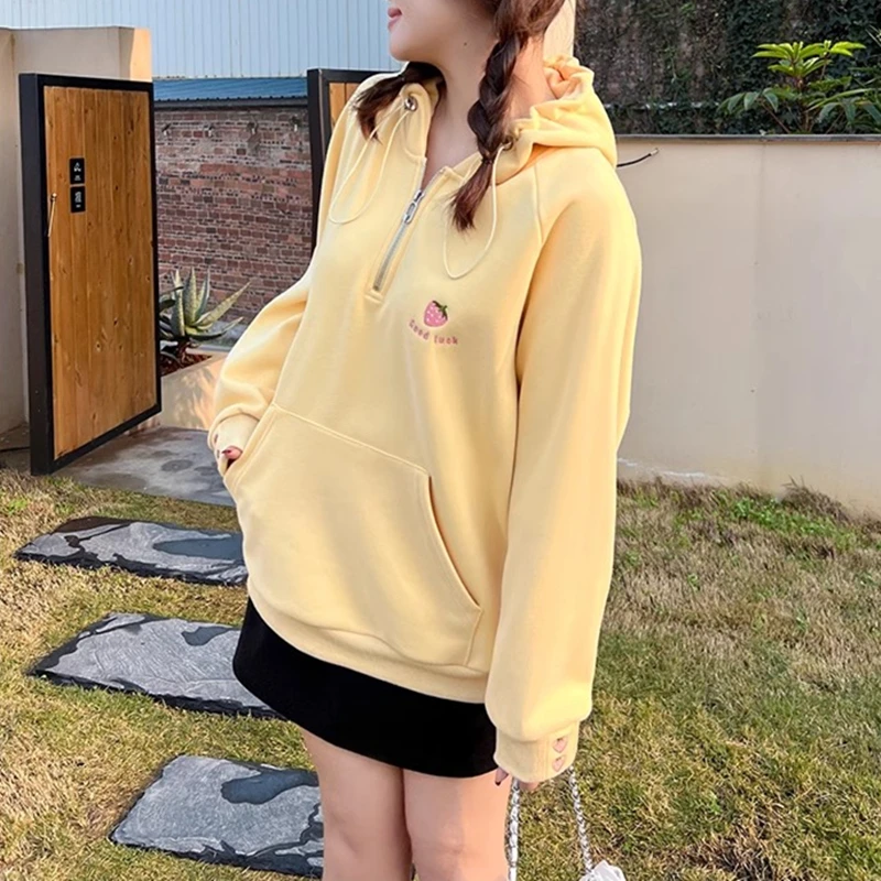 

Harajuku Strawberry Embroidery Drawstring Hooded Sweatshirt Autumn Winter Women Thicken Kawaii Raglan Sleeves Zip Neck Hoodies