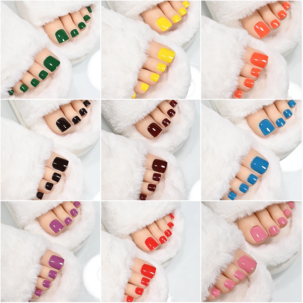 22 팁/팩 여름 고광택 솔리드 컬러 발가락 네일 스티커 UV 젤 베이킹 무료 발가락 네일 패치 여성 패션 발 폴란드어 스트립