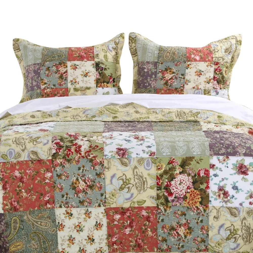 Blooming Prairie 100% Cotton Quilt and Pillow Sham Set Bedspreads for Double Bed Cover 3 Piece King/Cal King Bedspread the Plaid