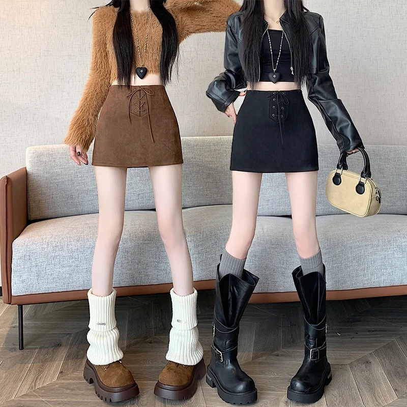 레트로 스파이시 걸 스웨이드 스커트, 끈이 달린 A라인 바디콘 스커트, 안티라이트 워킹 가을 겨울 신상품