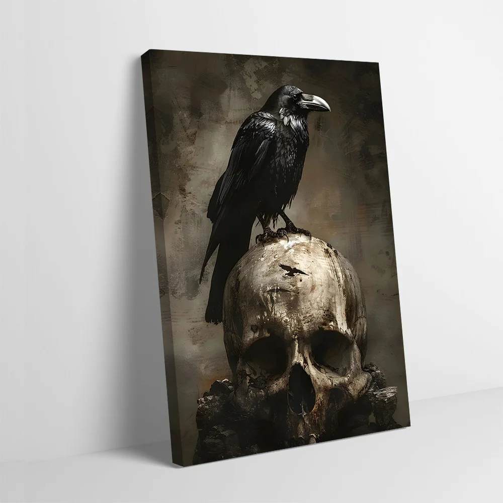 Raven Sitting On Skull Printing Poster Custom Pictures Wall Art Canvas Painting Gift for Modern Living Room Paintings Wand Deko