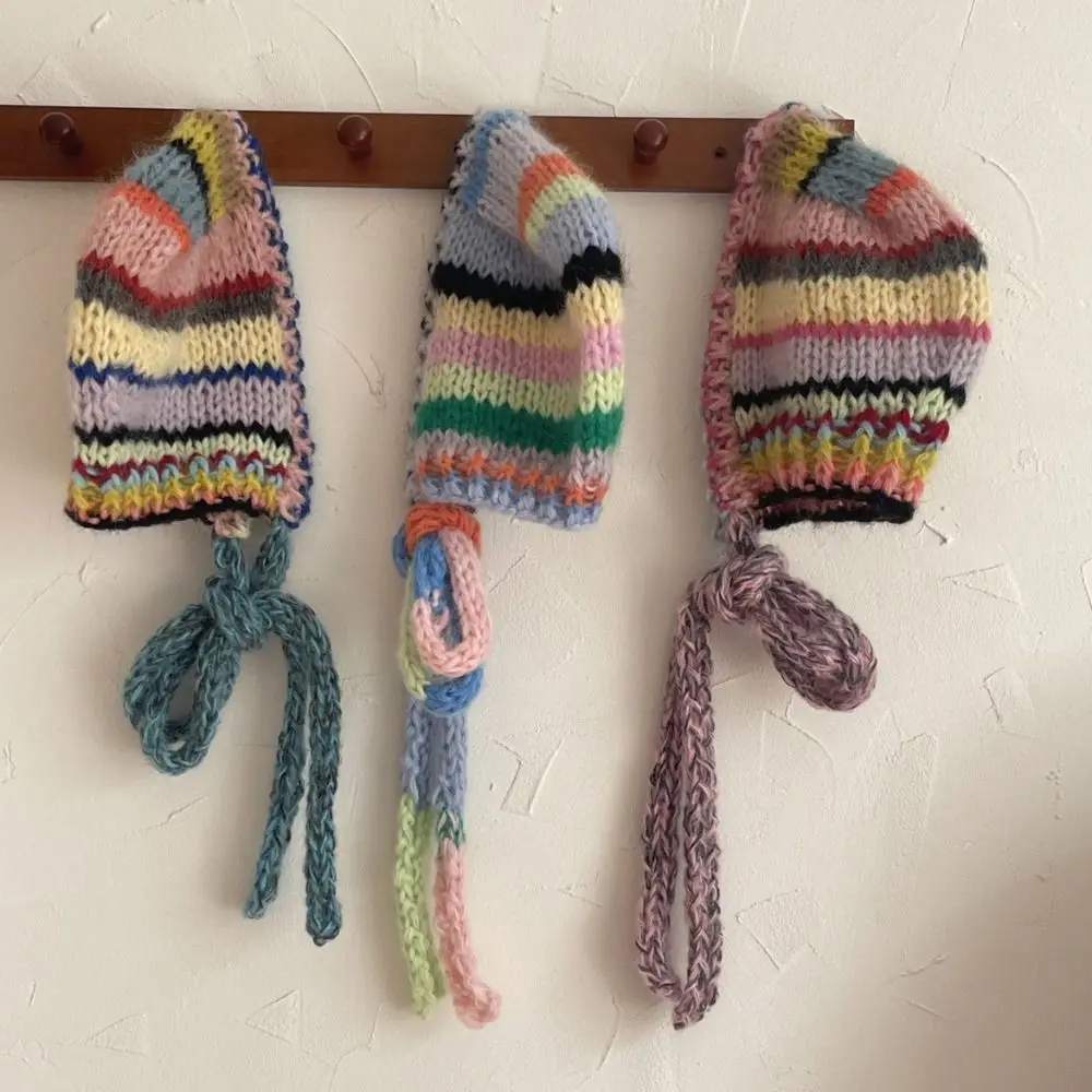 

New Color Striped Balaclava Hat Ear Protector Neck Tie Pullover Bean Cap Windproof Hand Crocheted Hat