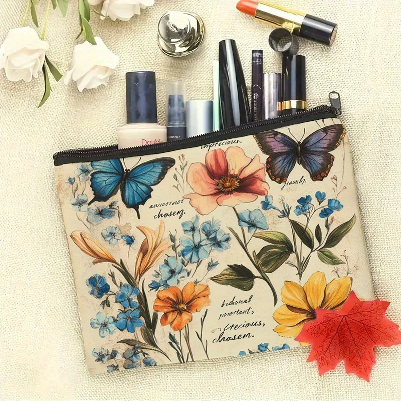 Un sac de maquillage rétro imprimé floral et papillon - trousse de maquillage portable multifonctionnelle de grande capacité