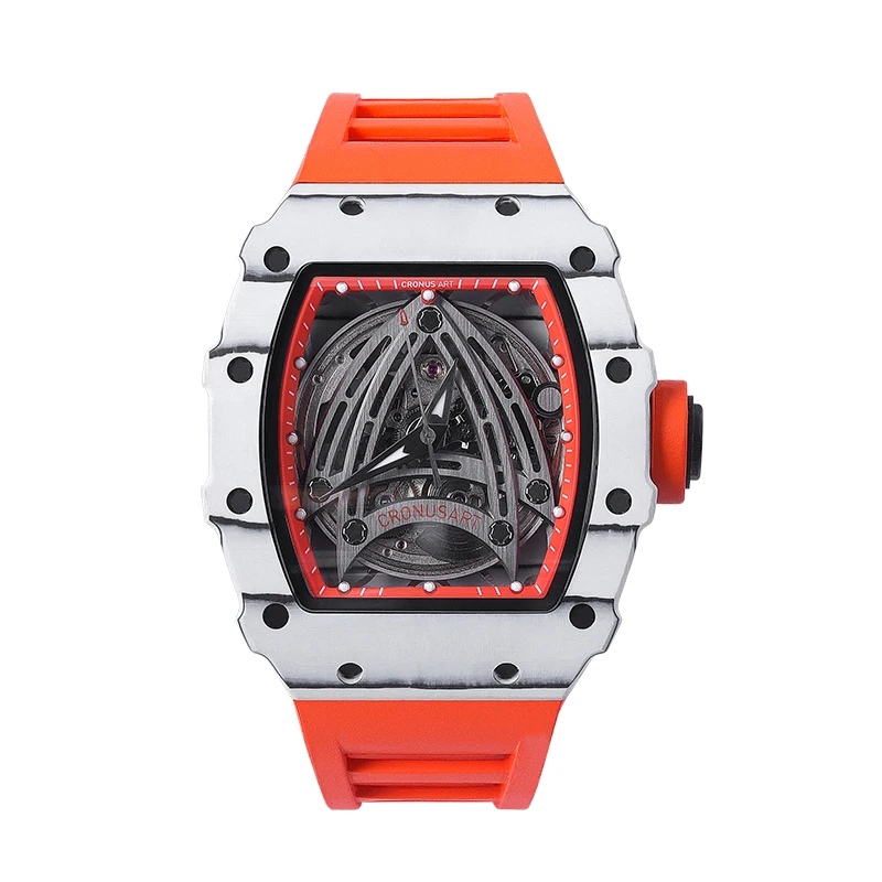CRONUSART ساعة أوتوماتيكية للرجال 50 مللي متر Tonneau ساعة اليد الميكانيكية ألياف الكربون حافظة مضيئة فلوروروبر حزام الهيكل العظمي الهاتفي
