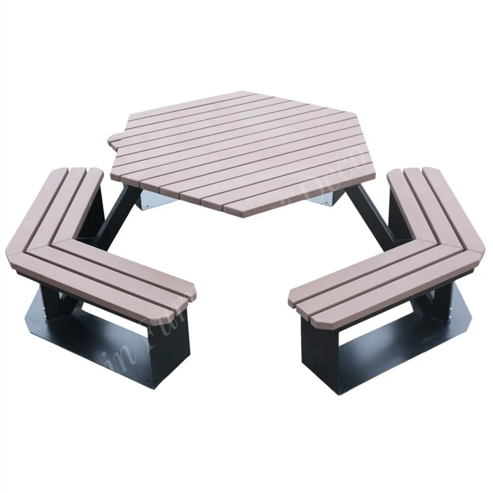 Outdoor Commercial Hexagonal Wood Picnic Table Garden Furniture Set Dining Table Outside Patio External Coffee Table with Bench