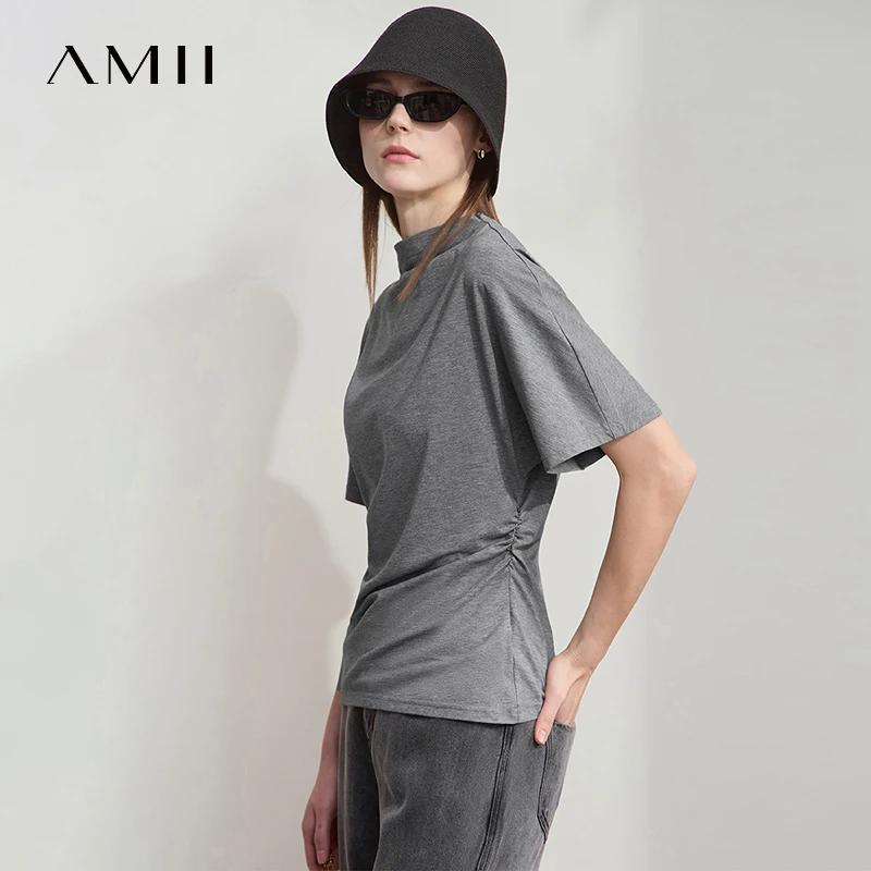 AMII minimaliste décontracté femmes t-Shirt 2025 été nouveau solide col roulé à manches courtes dames hauts vêtements de mode femme 12522126