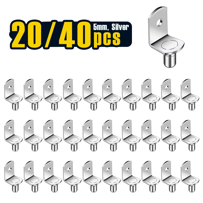 20/40 pcs, 5mm Shelf Support Pegs, Cabinet Shelf Pegs with Hole, L-Shaped Bracket Support Pin, Nickel Plated Shelf Pins