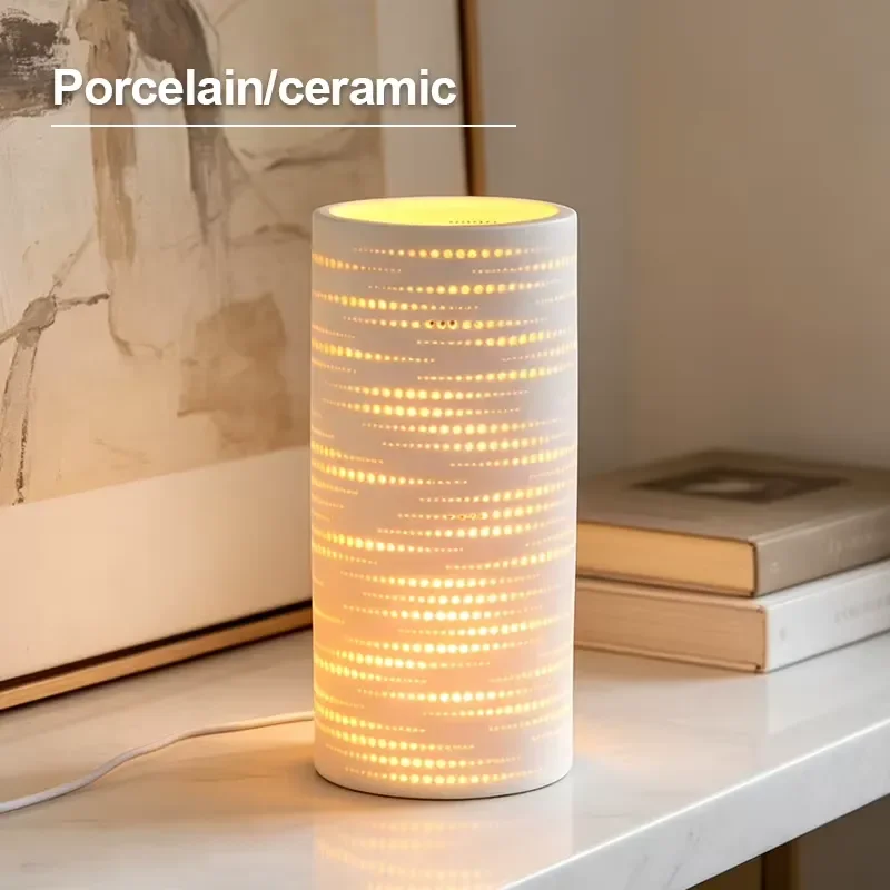 Modern Ceramic Engraved Night Light Western Style Cylindrical Bedroom Lamp Warm White Battery Powered Medium Size Decorative