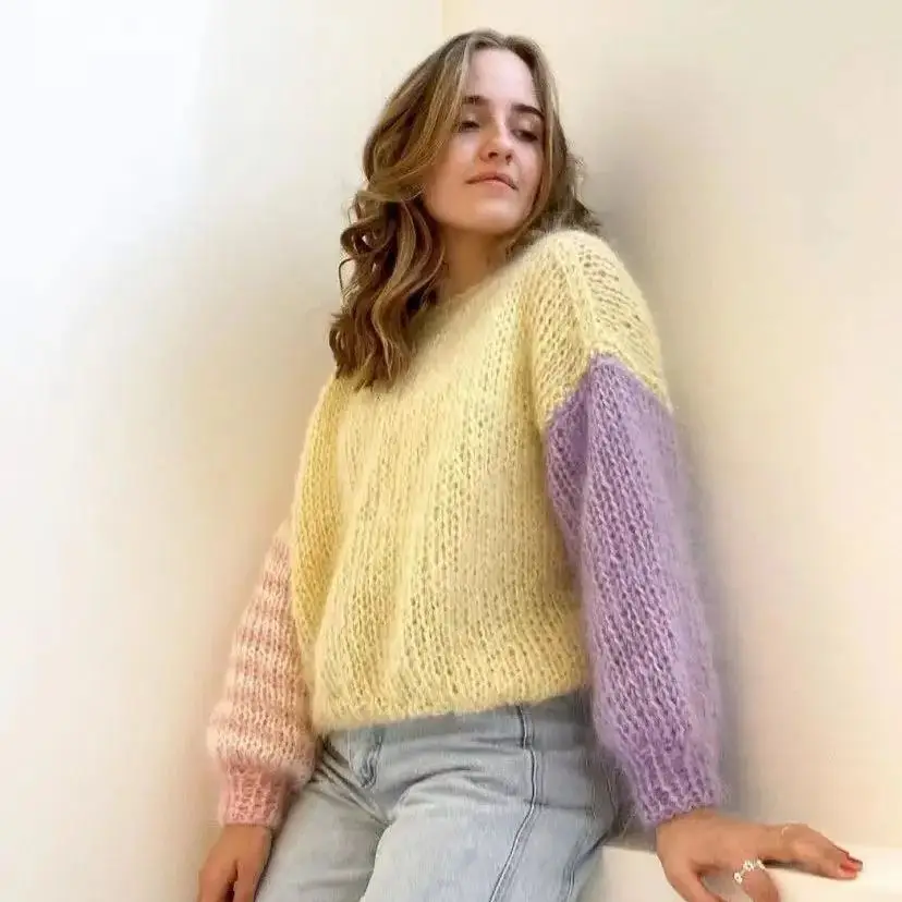 Autumn celebrity style single neck contrasting color pure handmade woven loose pullover striped top casual lazy pullover