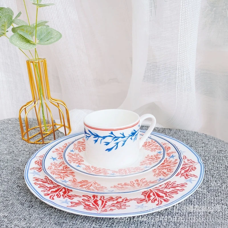 

European Hand Painted Ceramic Table Setting Four Piece Set Steak Plate Bone Dish and Teacup for Hotel and Restaurant Use