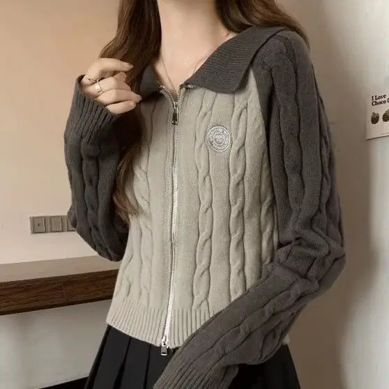 Color Blocking Design Knitted Sweater Women's Short Base Sweater Double Zipper Sweater Cardigan Top