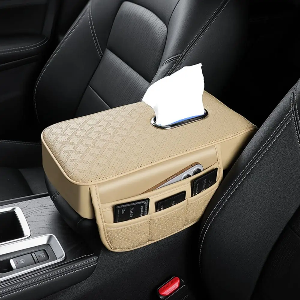 PU Leather Center Console Armrest Cushion Height Increasing with Tissue Box Storage Bag Armrest Pad Multifunctional Portable