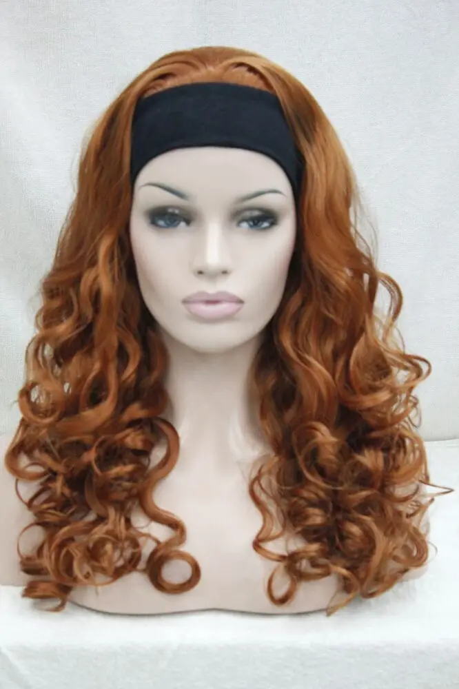 Wig Hivision 3/4 dengan Bando, oranye coklat 130A panjang keriting setengah wig untuk wanita