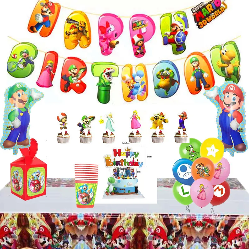 Cartoon Super Marios Birthday Party Decoration Balloon Tableware Set Cup Plate Napkins Banner Baby Shower Boy Party Supplies