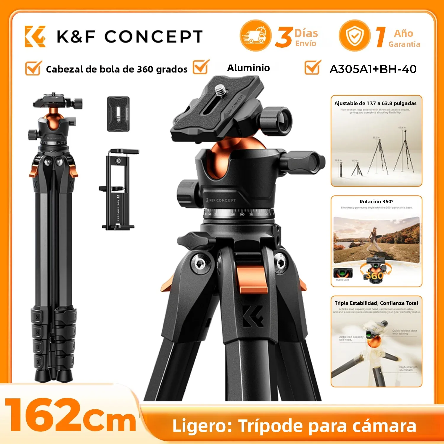 K&F CONCEPT Trípode de Cámara de Aluminio 160cm, Trípode Portátil Ligero con Cabeza de Bola Compatible con Arca, Carga Máx. 10kg para Smartphone y DSLR