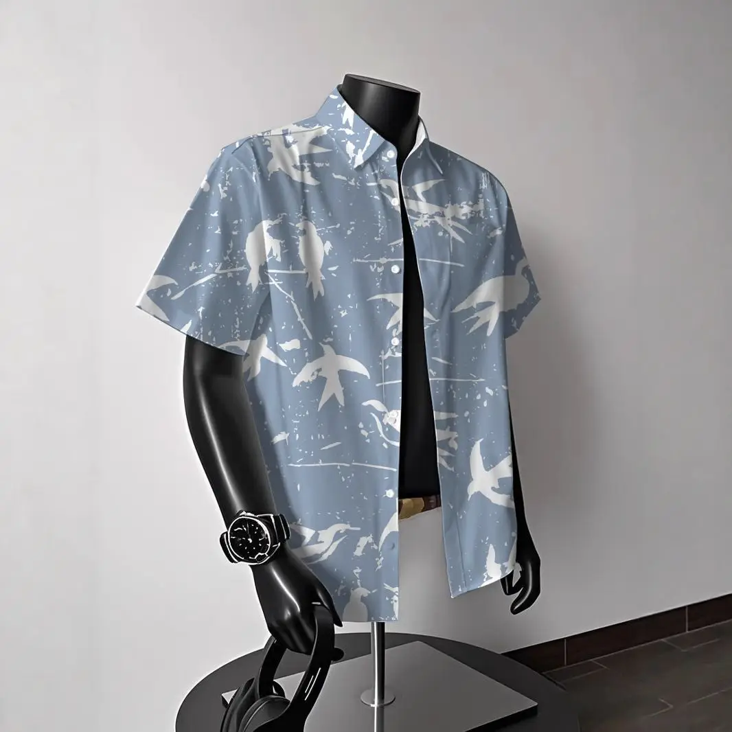 American Style Summer Hawaii Print Shirt Men's Short Sleeve Five-Quarter Sleeve Beachwear Lightweight Polyester Casual Shirt