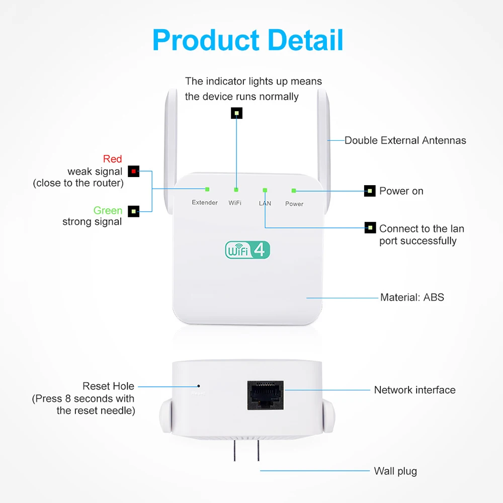 2.4Ghz WiFi Extender Long Range Wireless WIFI Booster 300Mbps Adapter Wi-Fi Amplifier Wi Fi Signal Repeator With Dual Antenna
