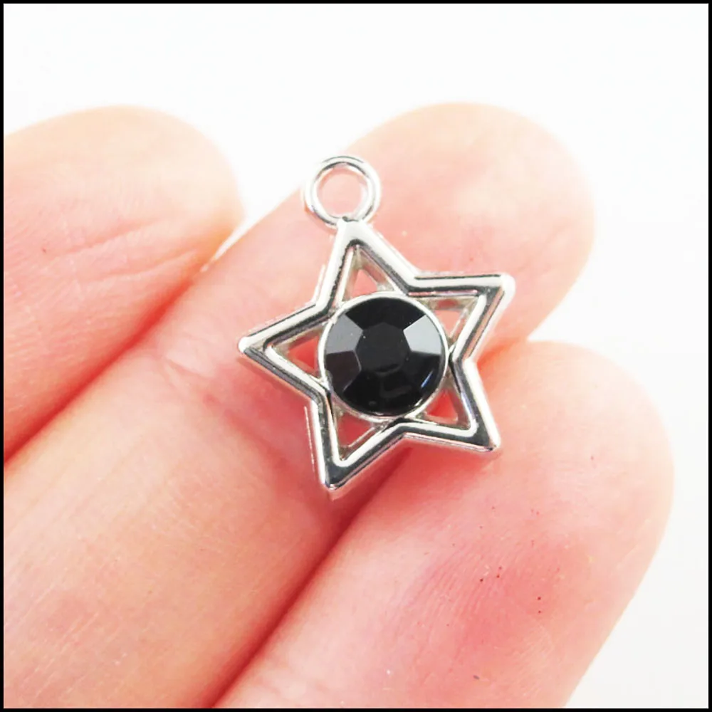 Fashion 30Pcs Mixed Crystal Dull Silver Plated Star Circle Charms Pendants 15x17mm