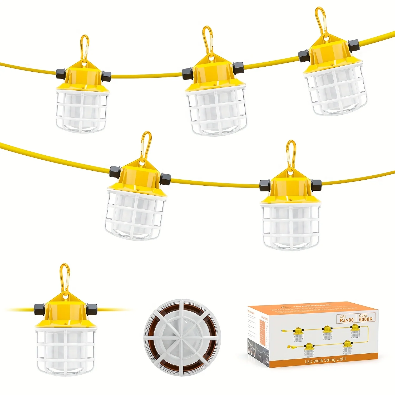 

50ft Construction String Lights with 5 Bulbs And Climbing Hook LED Industrial Grade Super Bright for Construction Sites, Temporary Work, Renovation, JobsiteCommercial Scenarios Such
