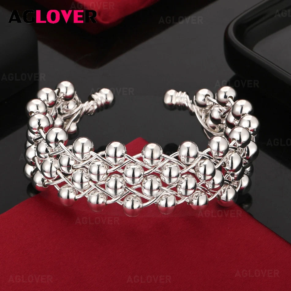 

AGLOVER 925 Sterling Silver Grape Beads Woven Net Open Bracelet Charm Fashion Woman Engagement Jewelry