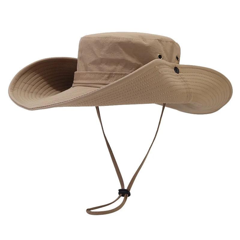 Windproof Men Outdoor Hat Wide Brim Flat Top Men Camping Hat Solid Anti-UV Strap Hollow Out Men Fisherman Hat Headwear Unisex