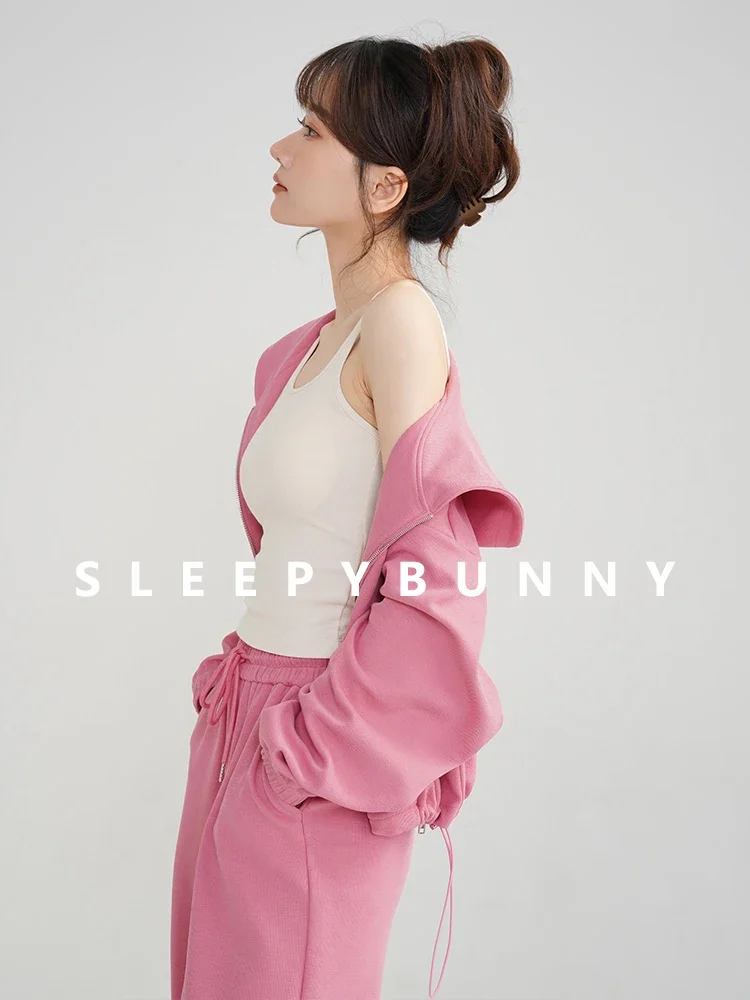 Conjunto con capucha deportiva rosa para mujer, Top corto holgado con hombros caídos y pantalones de chándal relajados, ropa de descanso pequeña y