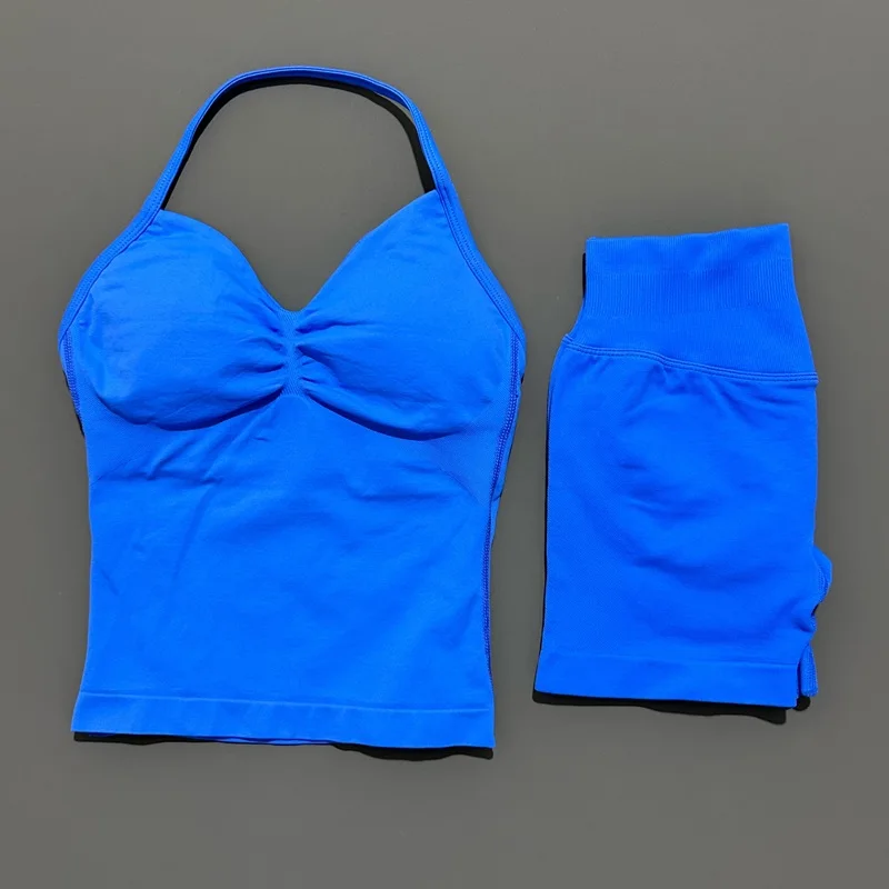2-delige Histello sportset dames lange top met bandjes naadloze yoga tank scrunch butt workout shorts pak gym sportsets