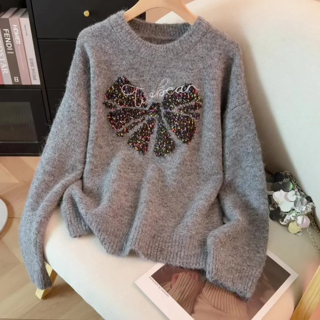 เสื้อสเวตเตอร์ไหมพรมสีเทาปักลายสไตล์วินเทจ Y2K ยุค 2000 คอวี แขนยาว สำหรับผู้หญิง ฤดูหนาว 2025