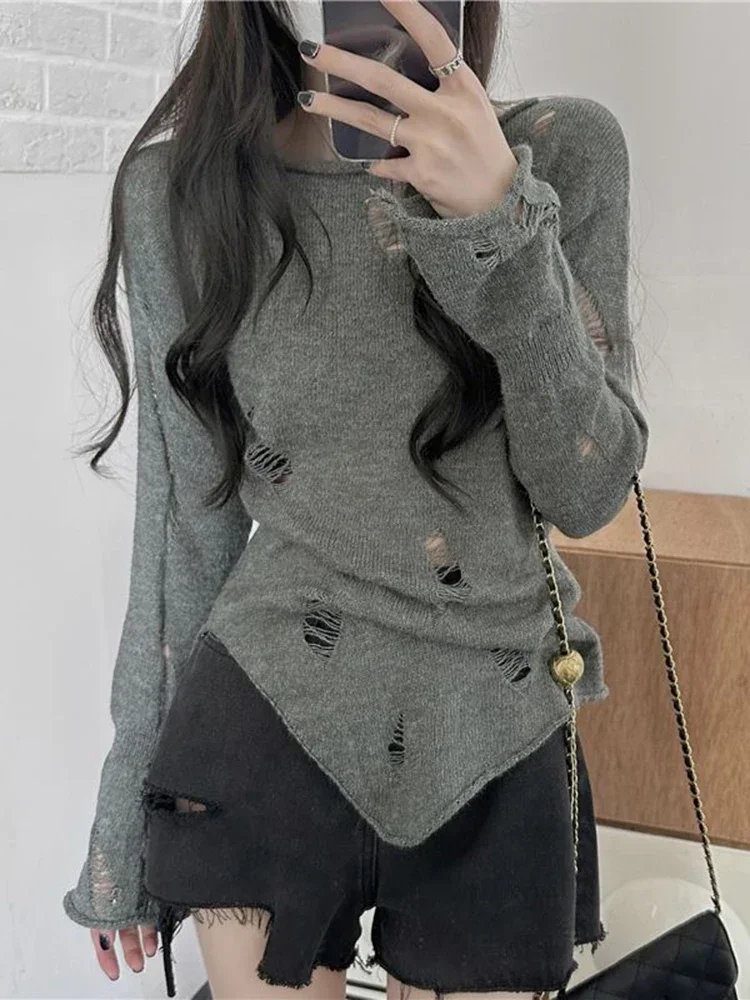 

Уличная одежда, вязаный свитер с отверстиями, женские сексуальные джемперы с длинными рукавами в стиле ретро, американские нерегулярные женские тонкие осенние топы