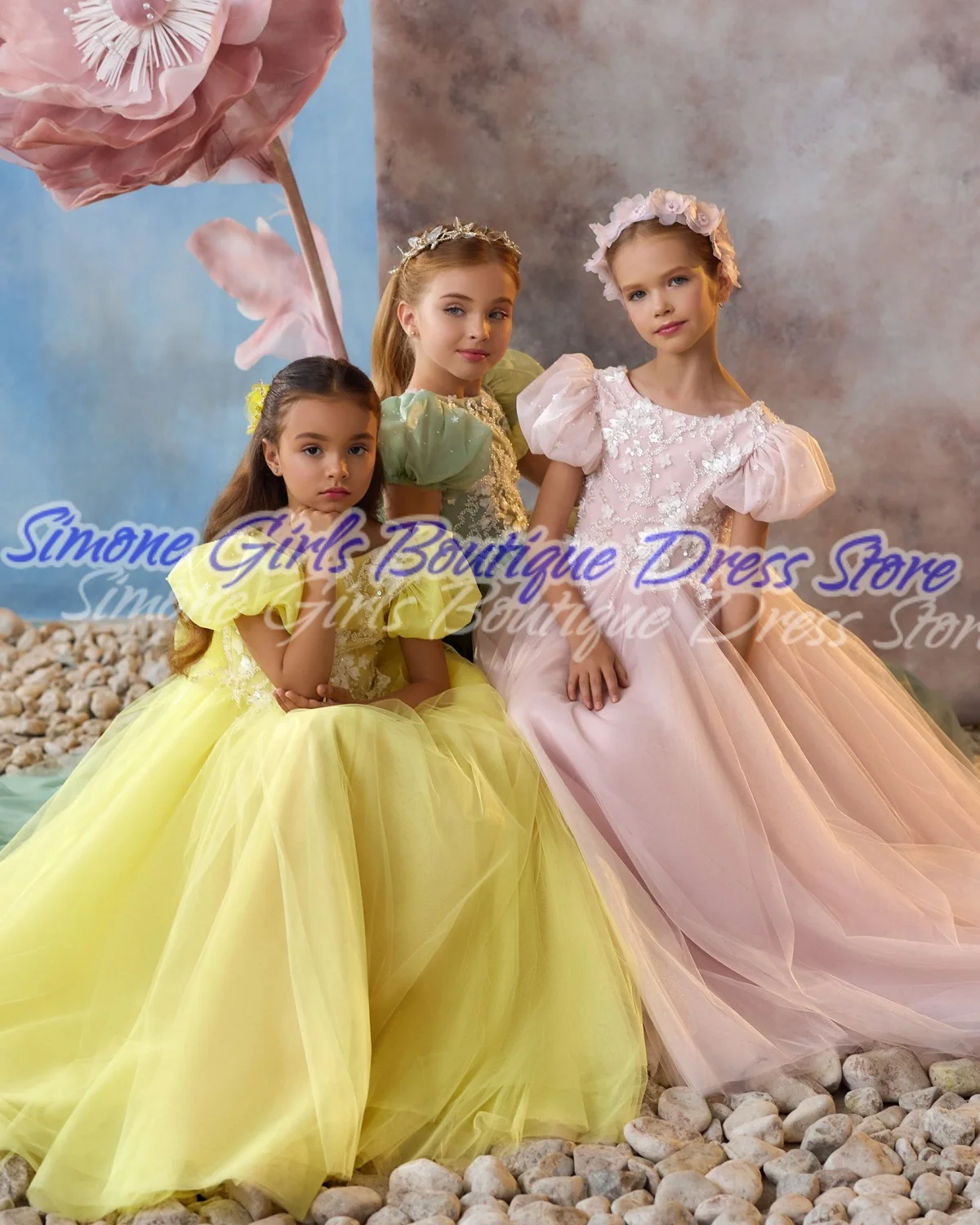 Желтое платье принцессы с открытой спиной и пышными рукавами, платье с цветочным узором для девочек для официальных приемов, дня рождения, танцевальных выступлений, вечеринок