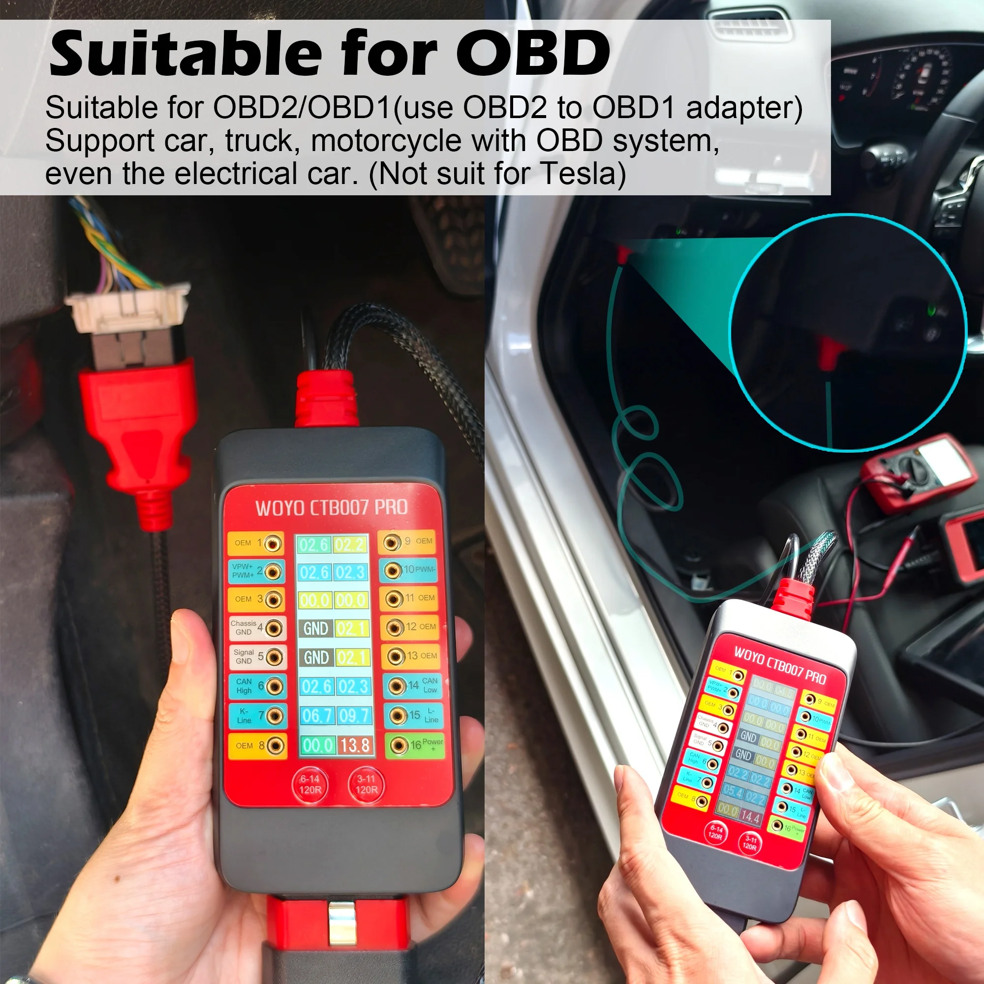 LCD ECU 테스트 도구가 포함된 브레이크아웃 박스, 벤치 자동차 진단 도구 WOYO CTB007 PRO OBD2 디지털 Vrms 디스플레이 CAN 테스트