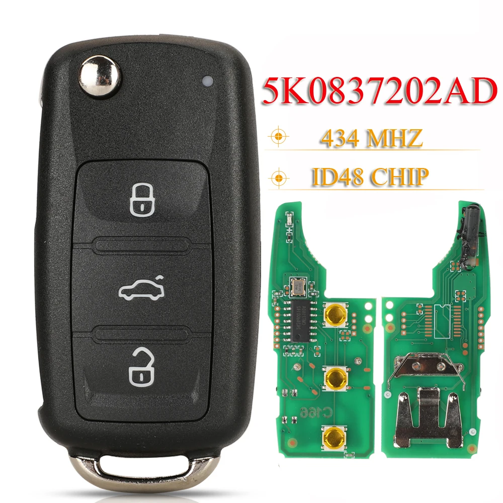 jingyuqin 5K0837202AD 3Buttons Remote Key 434MHz ID48 Chip For VW Golf Tiguan Polo Passat CC Jetta Beetle