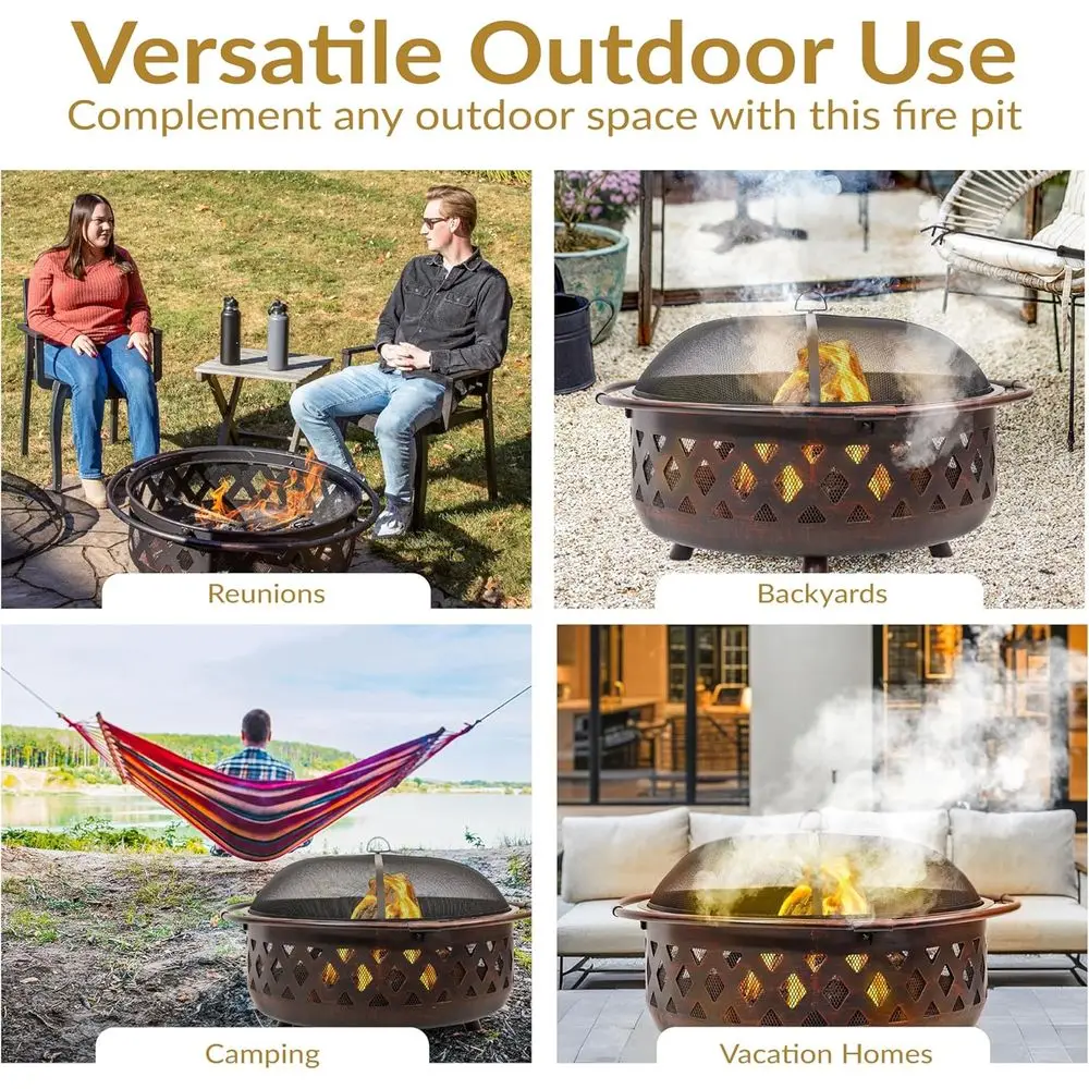 حفرة نار برونزية متقاطعة مقاس 36 بوصة لحرق الخشب في الهواء الطلق مع شاشة شرارة، بوكر، وغطاء دائري #6
