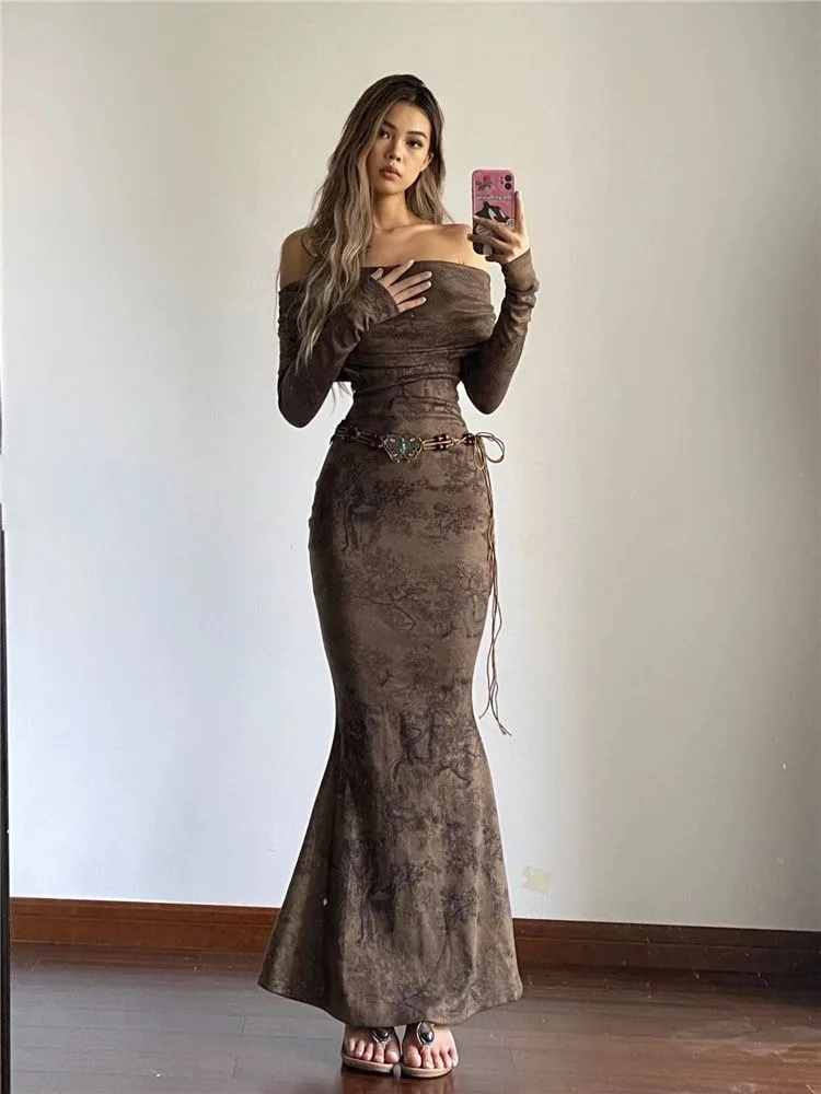 Fashion Brown Off Shoulder Dress for Women Summer Slim Waist Bodycon Fish Tail Dresses Y2k E-Girl Long Sleeve Vestidos Mujer